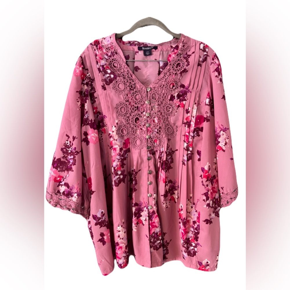 Roaman's Juliet lace trim button down Rose Floral Lace Blouse size 12